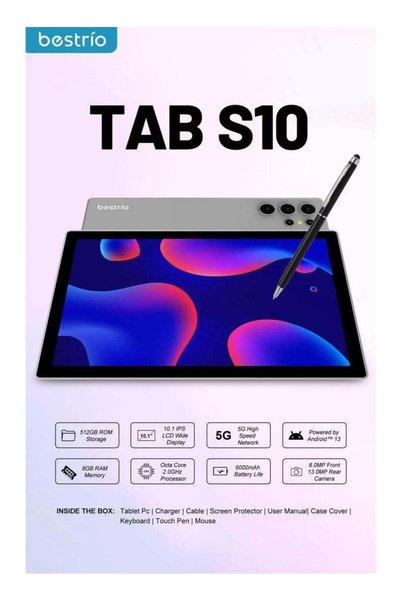 Bestrio Tab S10 10.1" Tablet: 5G, Octa-Core, 6GB RAM, 128GB, Android 13, Dual SIM + 4-Piece Bundle