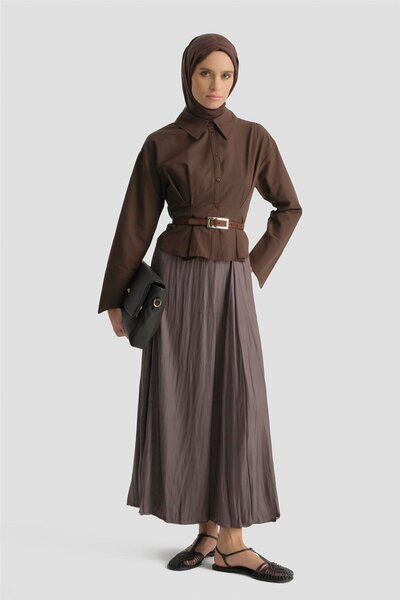 Armine Kırışık Efektli Saten Etek Kakao