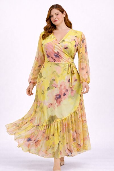 Şans Rochie de damă, mărime mare, galbenă, cu detaliu din tul pe mâneci și tiv, rochie înfășurată cu croială legături laterale 65N39293