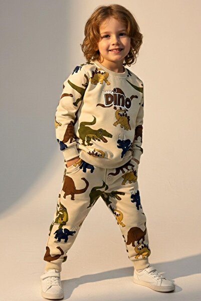 Breeze Момчешки комплект спортен екип с мотив на ревящи динозаври, 1,5-5 години, кремав
