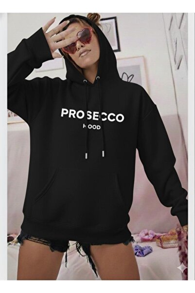 CAST COLLECTİON سويت شيرت نسائي أسود مطبوع عليه نقش بروسيكو مع غطاء للرأس