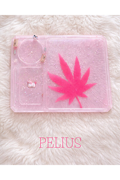 PELIUS Pink, Leaf Patterned Tray, Glittery, Wrap Tray, Sectioned Organizer Tray