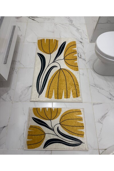 Etnik Dekor Yellow Floral Digital Print 2-Piece Bathroom Mat Set