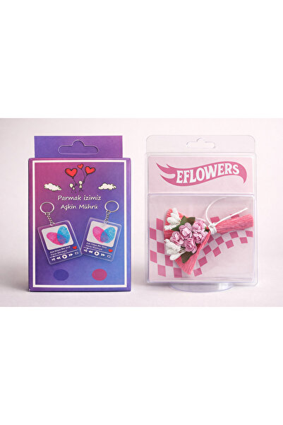 matheon Sevgiliye Özel Parmak İzi Aşk Mührü Anahtarlık ve Mini Çiçek Buketi Hediye Seti