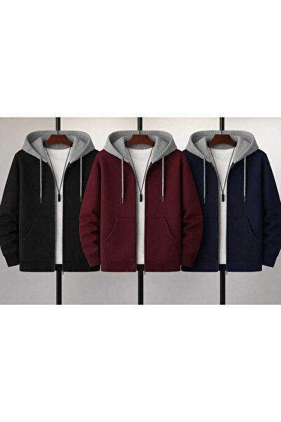 BRLKN 3-Pack Black, Burgundy and Navy Blue Color Zippered Transitional Cardig...