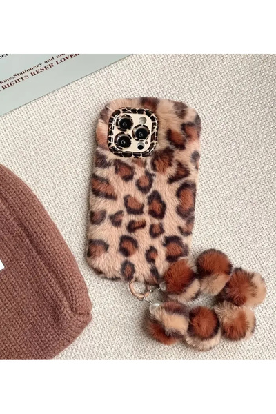 Paw Butik iPhone 13 Pro Max Leopar Desenli Peluş Telefon Kılıfı & Bileklik