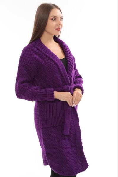 Cannes MorRengi Kapşonlu Kalın Triko Uzun Hırka