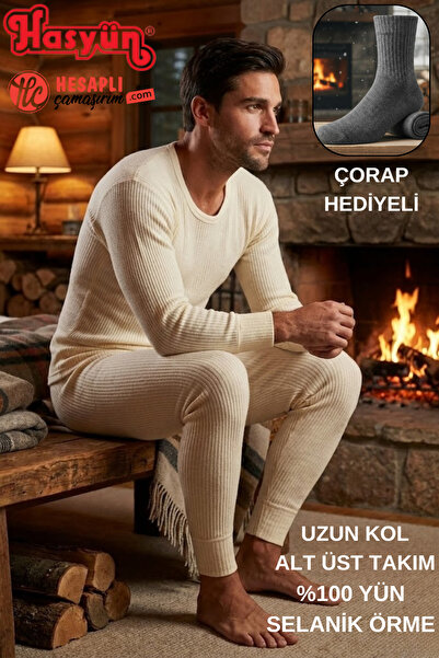 Hasyün Premium Erkek Kaşındırmaz %100 Yün Uzun Kol Alt Üst İçlik Takım Çorap Hediyeli