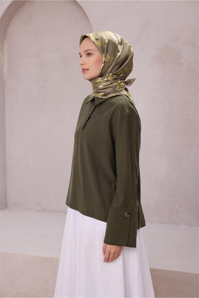 Belli Eșarfă de mătase cu model floral 4210D (Twill) Kaki - 87