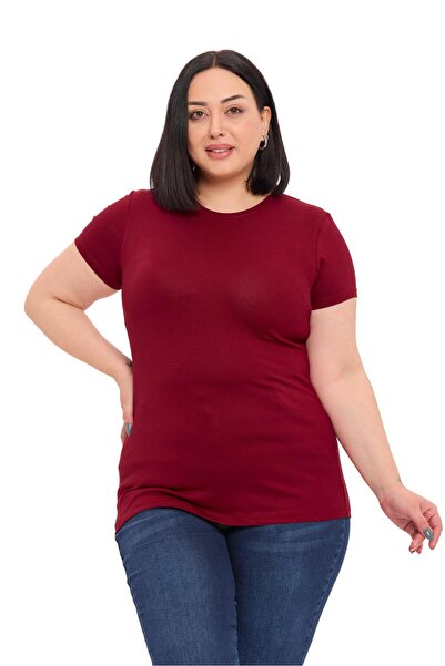 DISENTIS MODEST Plus Size Crew Neck Short Sleeve Viscose Burgundy Bodysuit
