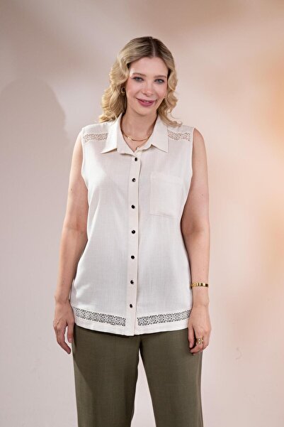 Roxxlen 1112071 Bluză de damă, mărime mare, bej, cu dungi GÜPÜR, cu buzunare