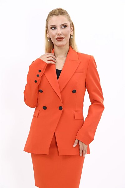 ÖNDER ÖZSOY Collared Double-Breasted Modern Women's Jacket-Orange
