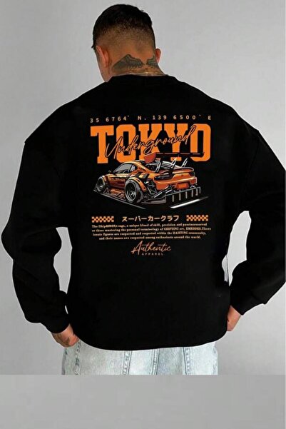 CAST COLLECTİON سويت شيرت رجالي أسود من طراز Tokyo مطبوع برقبة دائرية