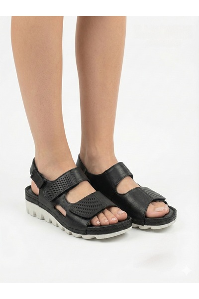 BARONES SHOES KADIN SİYAH HAKİKİ DERİ ÇİFT CIRTLI ORTOPEDİK SANDALET