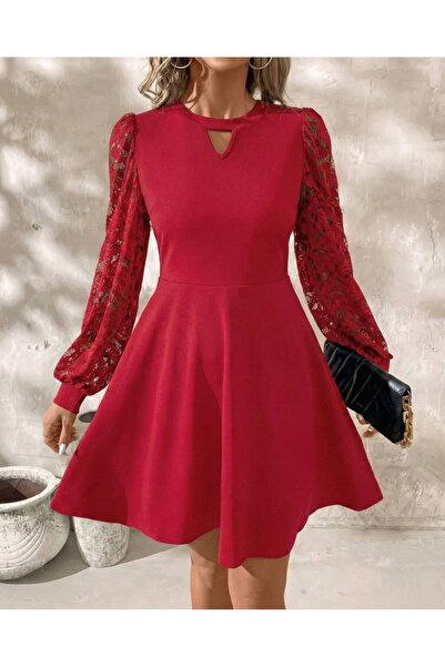 Viyamo Yeni Sezon Kadın İthal Krep Elbise Uzun Kollu Yuvarlak Damla Yaka Tül ...