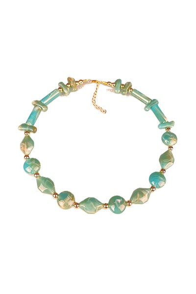 Furtek Aksesuar Mint Green Patterned Beaded Gold Detail Women's Necklace 45 cm Trendy Colored Acrylic Shiny