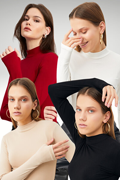 Ladima Women's Set of 4 Black White Burgundy Cream Finger Detailed Bodysuits