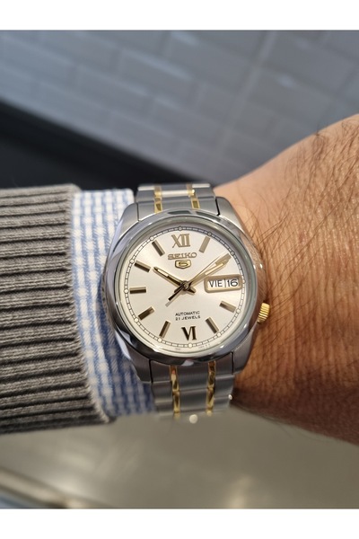 Seiko 5- Automatic Yellow Bicolor Calendar Steel Bracelet 3 Atm Water Resistant Men's Wristwatch