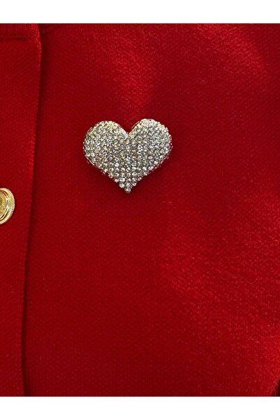 Esmeray Aksesuar Metal Gümüş Renk Kristal Taşlı Kalp Figürlü Broş / Yaka İğnesi Genişlik 3,5 cm.