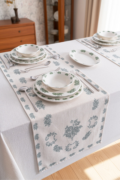 RUBİ PORSELEN Vintage Green Patterned Modern Tablecloth Runner - Linen Table Runner 40X140 cm