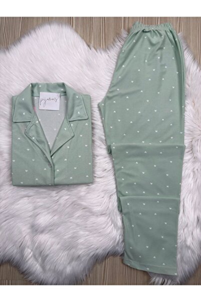 Pijamacs Green Heart Patterned Suede Shirt Collar Long Sleeve Pajama Set