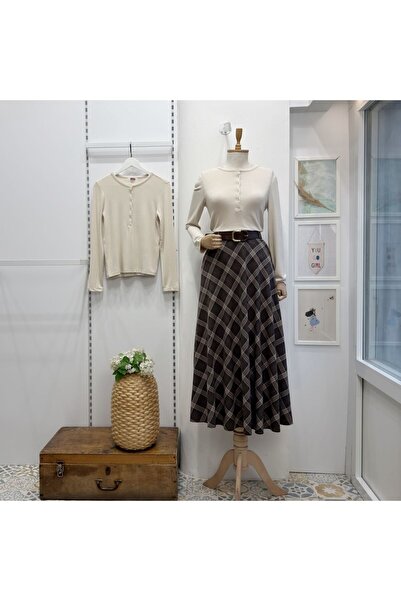 Faya Boutique Koyu Vizon Ekose Desenli Loom Etek