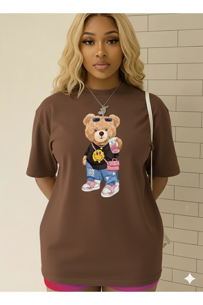 Modaikon تي شيرت دمية الدب مطبوع قصة فضفاضة