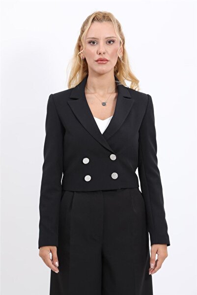ÖNDER ÖZSOY Buttoned Mini Double-Breasted Women's Jacket-Black