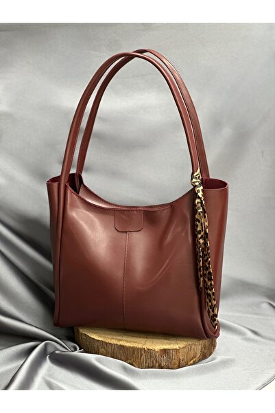 BENAHOLL Geantă de damă Lamia Leopard cu detaliu eșarfă, cu fermoar, din piele, geantă de umăr de dimensiuni mari-DN101 Roșu Claret