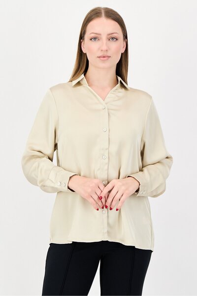 Bebe Women Spread Collar Solid Long Sleeve Shirt, Beige