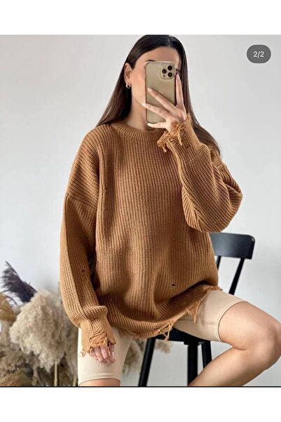 Cannes Oversized Ripped Detailed Knitwear Sweater Brown