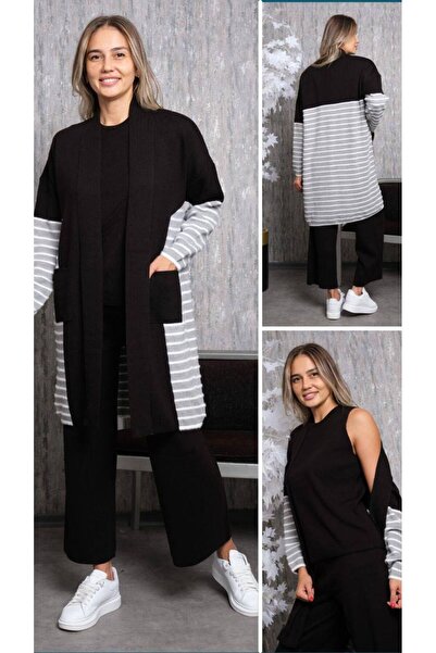 Cannes Black Color 3 Piece Set with Trousers and Cardigan