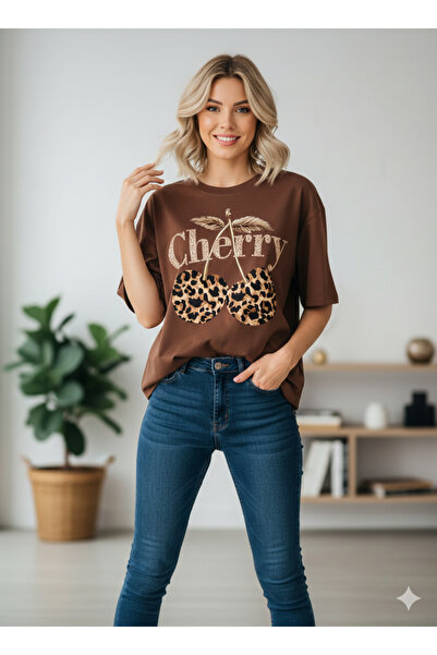 Modaikon تي شيرت ليوبارد كرز مطبوع صيفي قصة فضفاضة