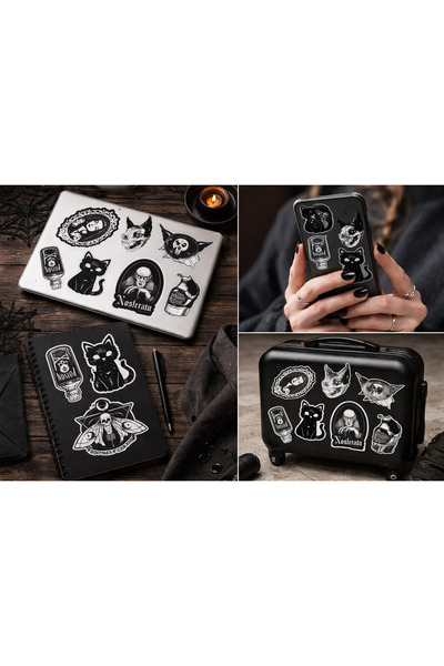 Limitless Design Gotik Dark Art Sticker Seti – Kedi, Kurukafa, Nosferatu & Ok...