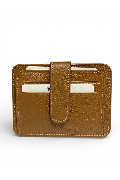 Gesa 100% Genuine Leather Top Snap Fastener Horizontal Model Tan Card Holder & Wallet