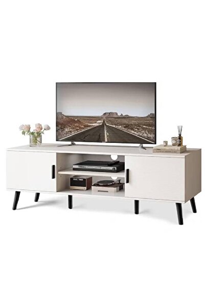 NKX خزانة تلفزيون برف قابل للتعديل وأرجل من الخشب الصلب، مناسبة لغرف المعيشة والنوم، لون أبيض