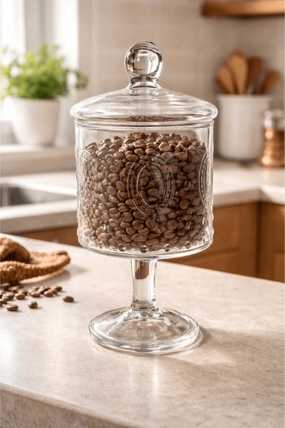 Jenisa Ayaklı ve Kapaklı Desenli Cam Kavanoz - 1000Ml. Cam Saklama Kabı