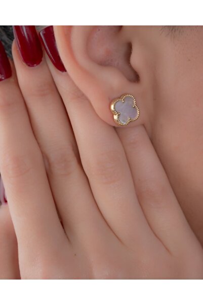 YCL JEWELLERY 14 Ayar Altın Beyaz Yonca Pimli Küpe 10mm