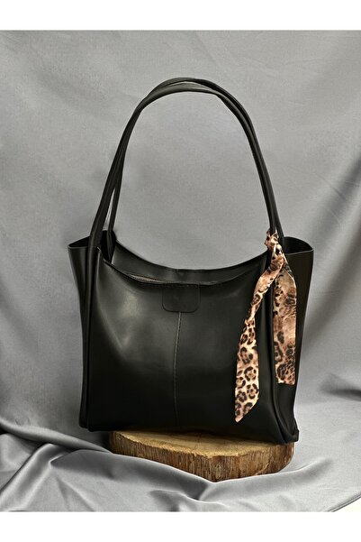 BENAHOLL Geantă de damă Lamia Leopard cu detaliu eșarfă, cu fermoar, din piele, geantă de umăr de dimensiuni mari-DN101 Negru