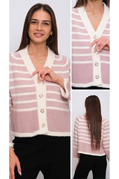 Cannes Women's Pink and White Striped Buttoned Knit Cardigan