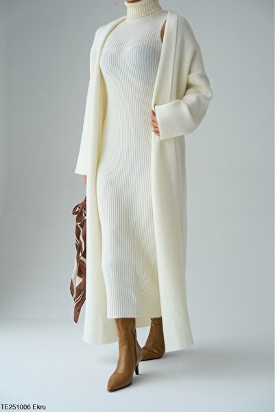 Lupies Women's Ecru Dress-Cardigan 2-Piece Knitwear Set