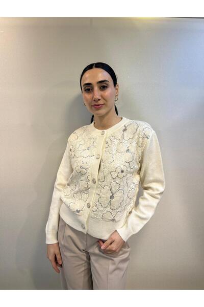 EnderGiyim Elegant Lace Embroidered Button Front Knit Cardigan