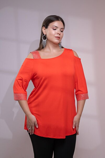 Roxxlen 111950 Bluză de damă, mărime mare, portocalie, cu detaliu pe umeri, cu strasuri