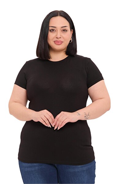 DISENTIS MODEST Plus Size Crew Neck Short Sleeve Viscose Black Bodysuit