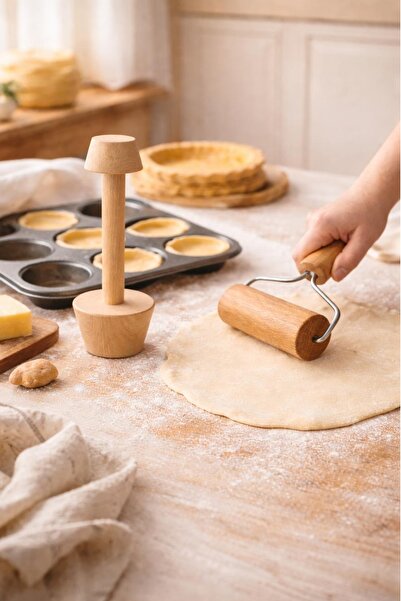 Kitchen Beauty Ahşap Saplı Rulo Hamur Açıcı Merdane Ve Çift Taraflı Tart Kalı...