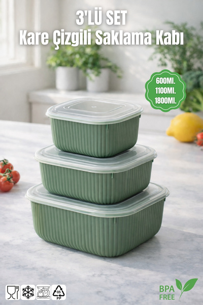 Nandy Home Set of 3 Square Striped Storage Containers Suitable for Microwave and Diffuser -600/1100/1800Ml.