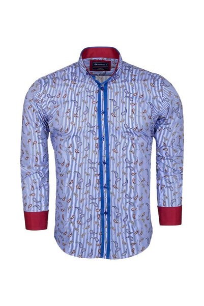 OSCAR BANKS Men's Blue Striped Shawl Patterned Cuff Detailed Sporty Stylish Shirt