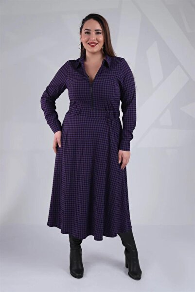 Roxxlen 121719 Kadın Büyük Beden Mor Pitikare Elbise