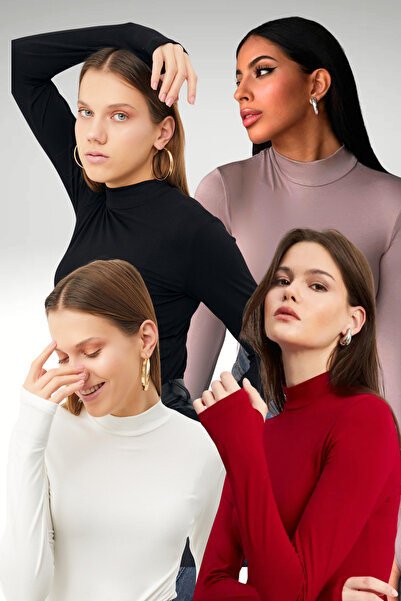 Ladima Women's 4-Piece Set Black White Burgundy Light Purple Finger Detail Bodysuit