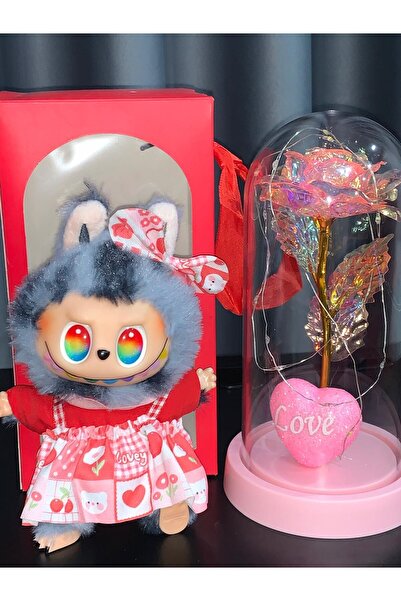 OEM Valentines Gift Plush toy keychain - Labubu type - 15 cm and floral arrangement 21 cm